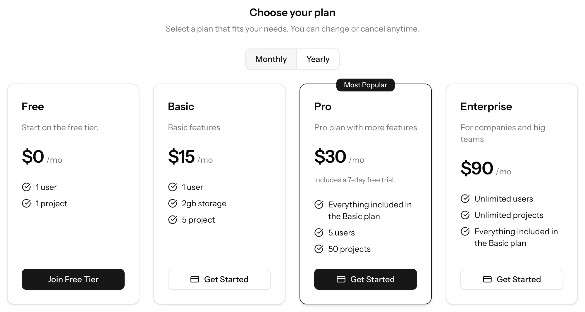 Admin free tier pricing table