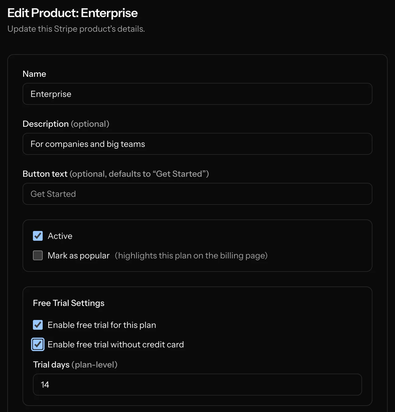 Admin free trial product