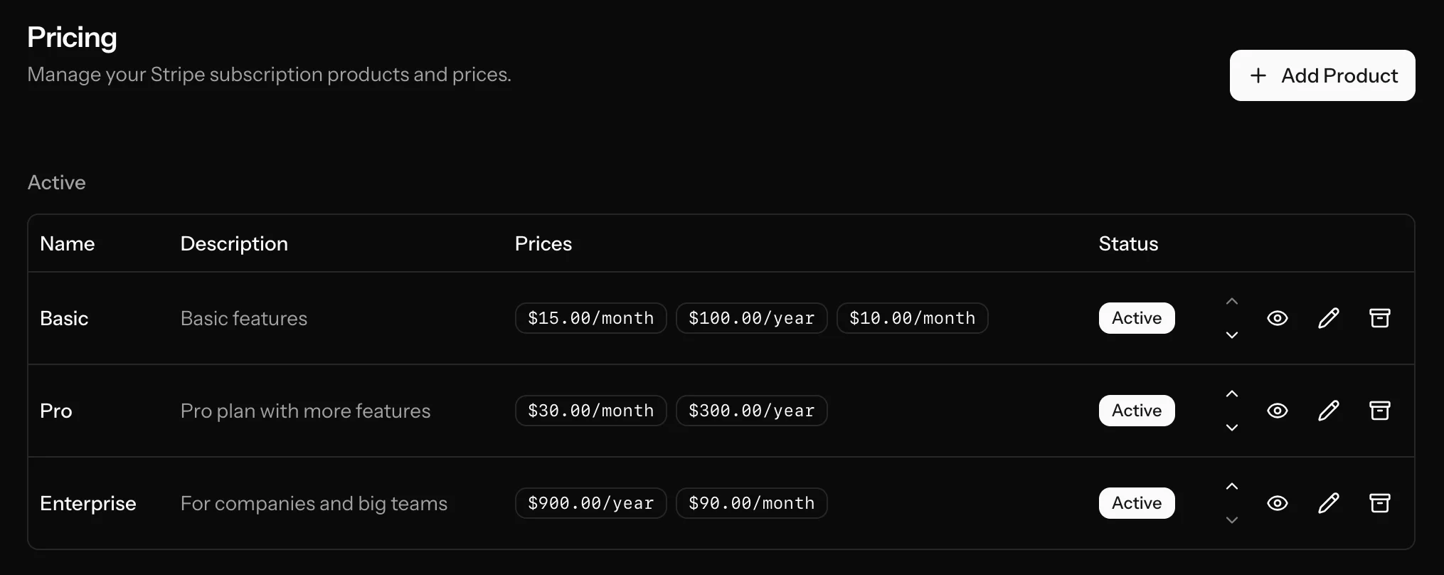 Admin pricing screenshot
