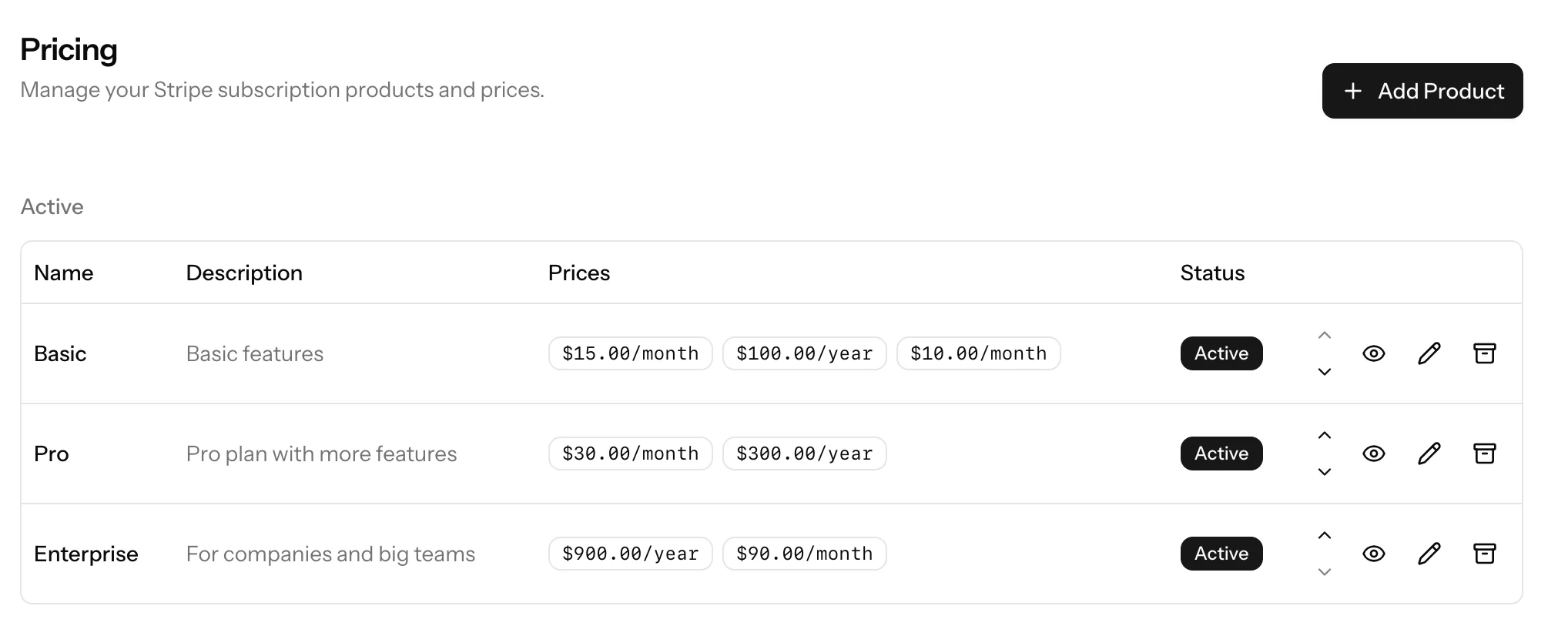 Admin pricing screenshot